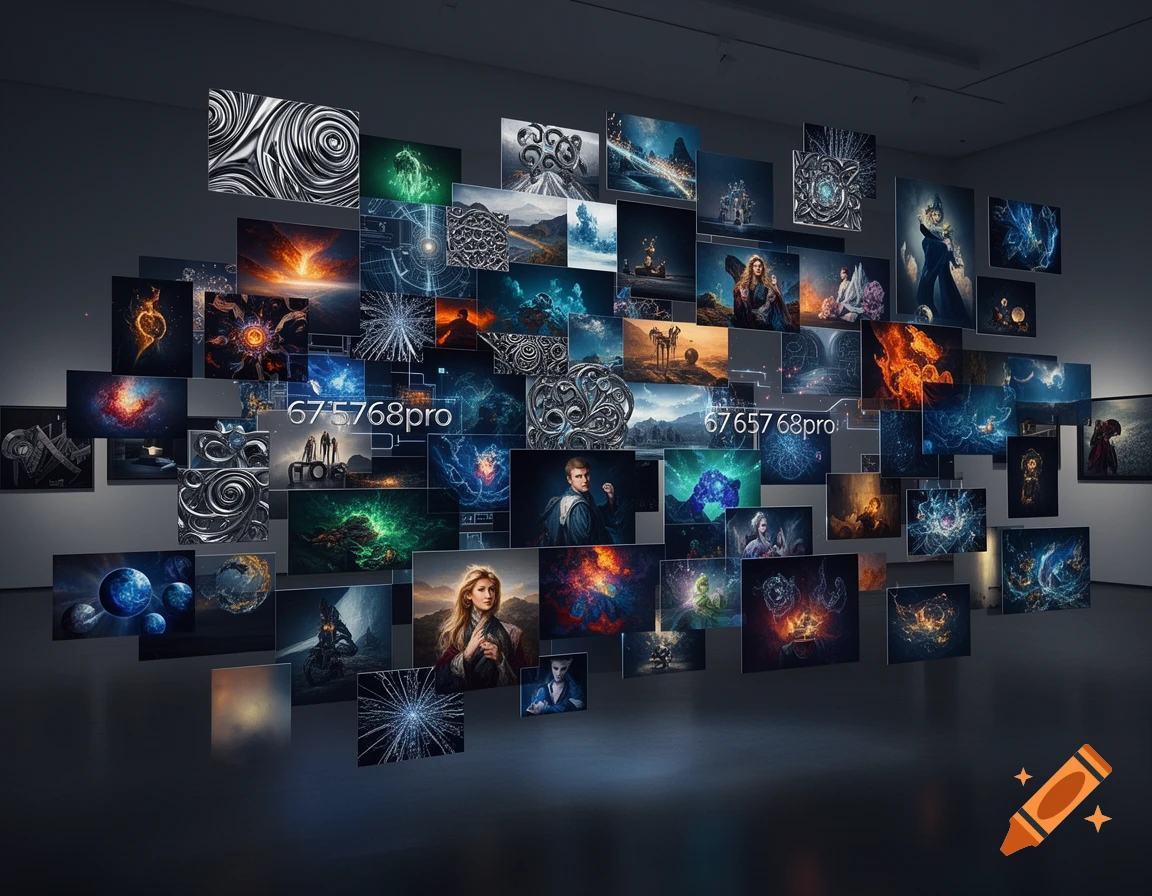 A dimly lit art gallery showcasing a large collection of glowing digital art pieces in various styles and themes.