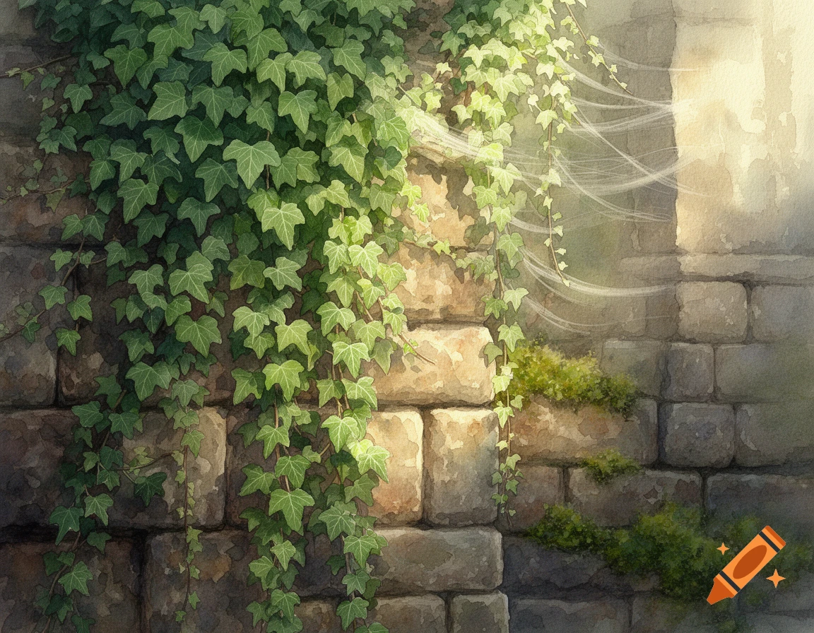 Watercolor painting of vibrant green ivy climbing a weathered stone wall, bathed in soft sunlight.