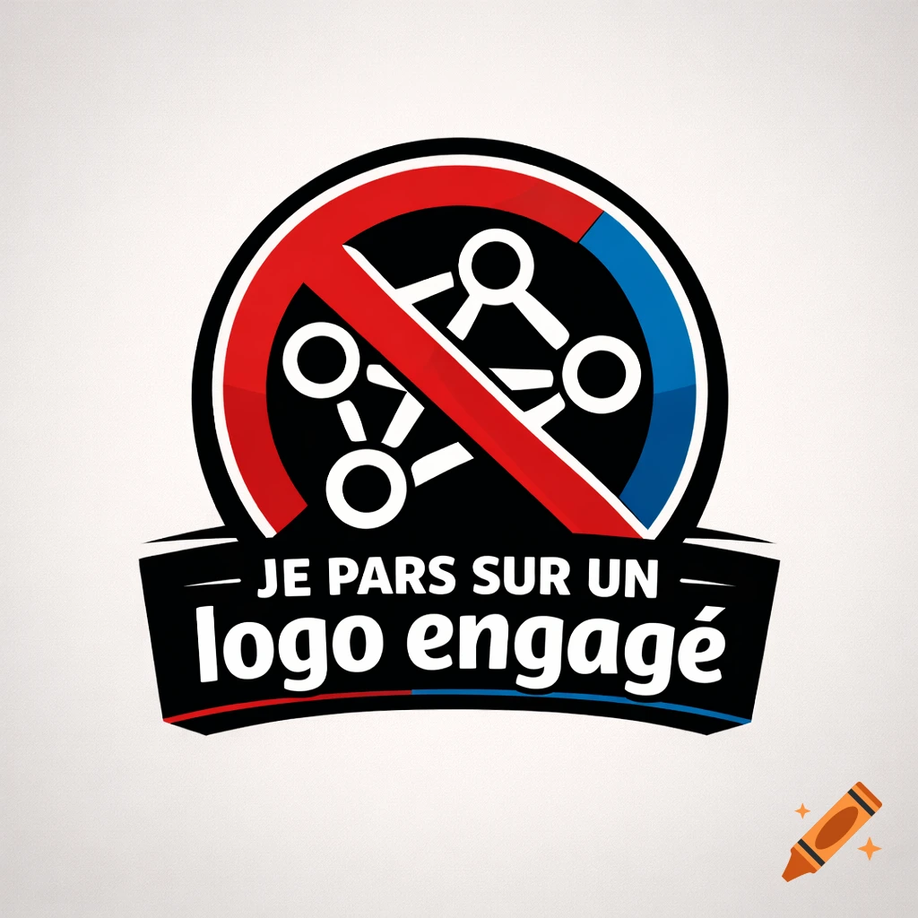 A graphic logo featuring a red prohibition sign over a white network symbol, with a blue segment. Text reads "JE PARS SUR UN logo engagé" on a black banner below.