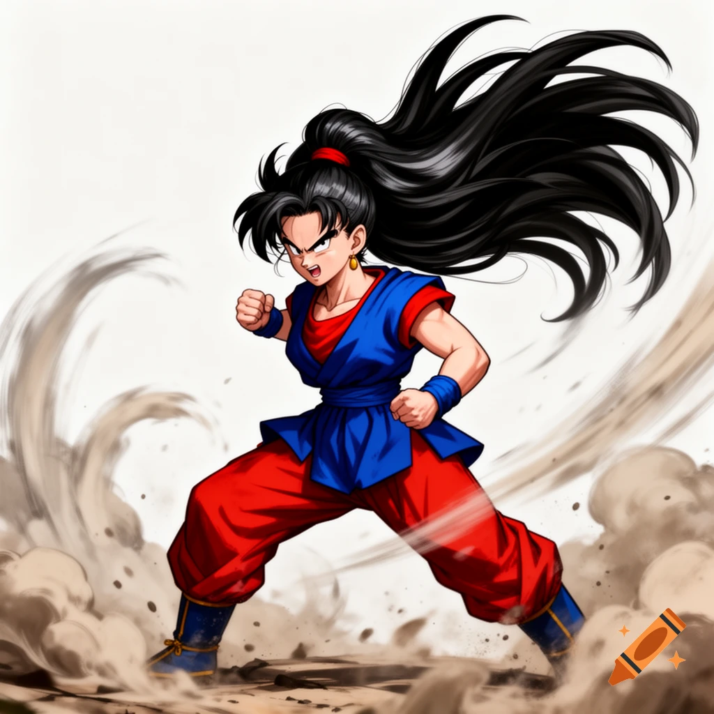 Anime-style woman resembling Chi-Chi with long black hair, in a red and blue fighting uniform, striking a pose amidst dust.