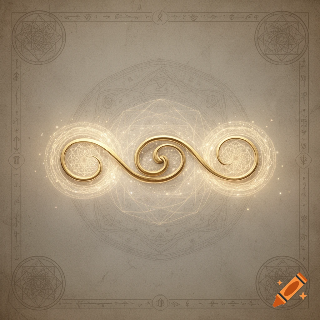 A glowing golden spiral glyph on a parchment-like background with faint sacred geometric patterns and symbols.