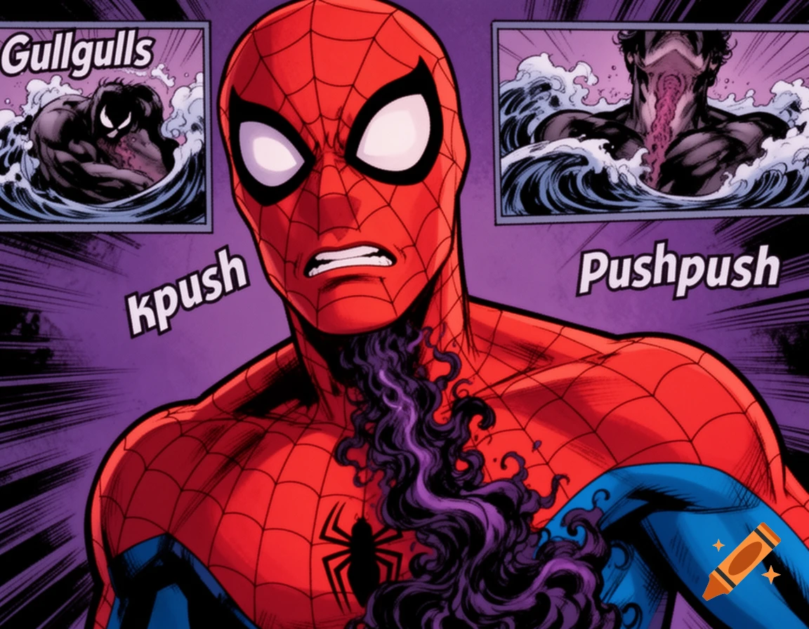 Comic panel shows Spider-Man grimacing as purple and black symbiote tendrils emerge from his neck and chest.