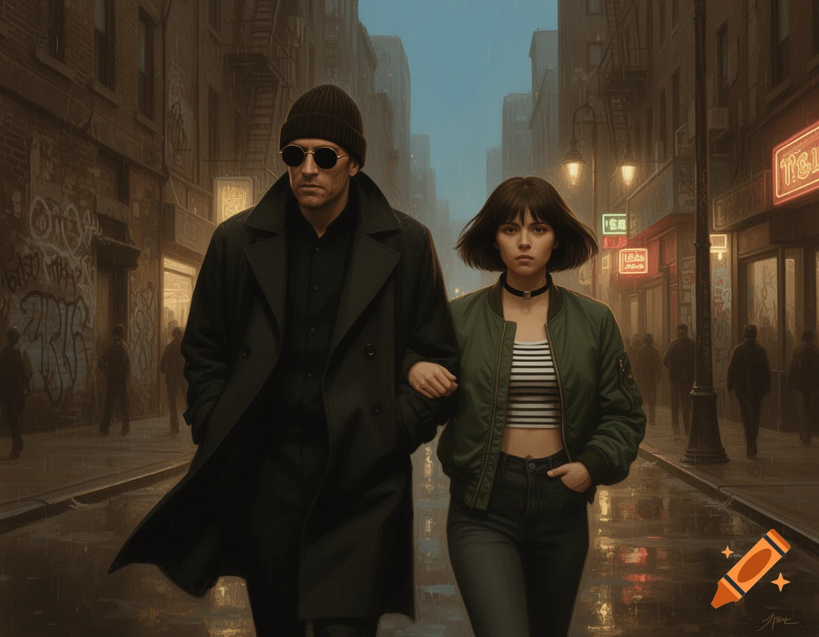 A man in a beanie, sunglasses, and a long coat walks alongside a young woman in a bomber jacket and striped top down a wet, neon-lit city street at dusk.