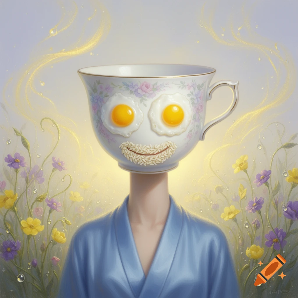 A surreal character with a floral teacup for a head, fried eggs for eyes, and a mouth made of rice, wearing a blue robe in a field of yellow and purple flowers.