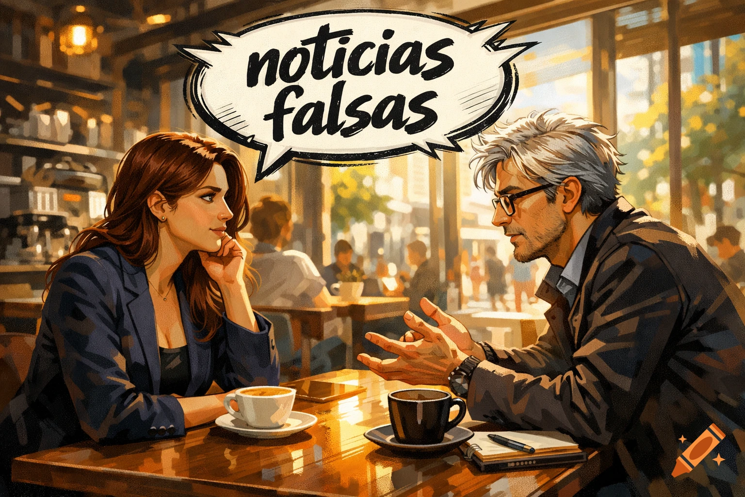 Digital illustration of two people talking in a cafe, a speech bubble with 'noticias falsas' (fake news) floats above them.