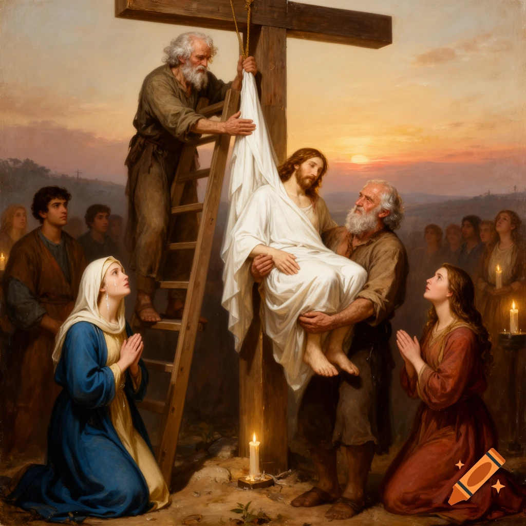 An oil painting depicting Jesus' body being lowered from the cross by two men, while Mary and Mary Magdalene kneel below, praying at sunset.