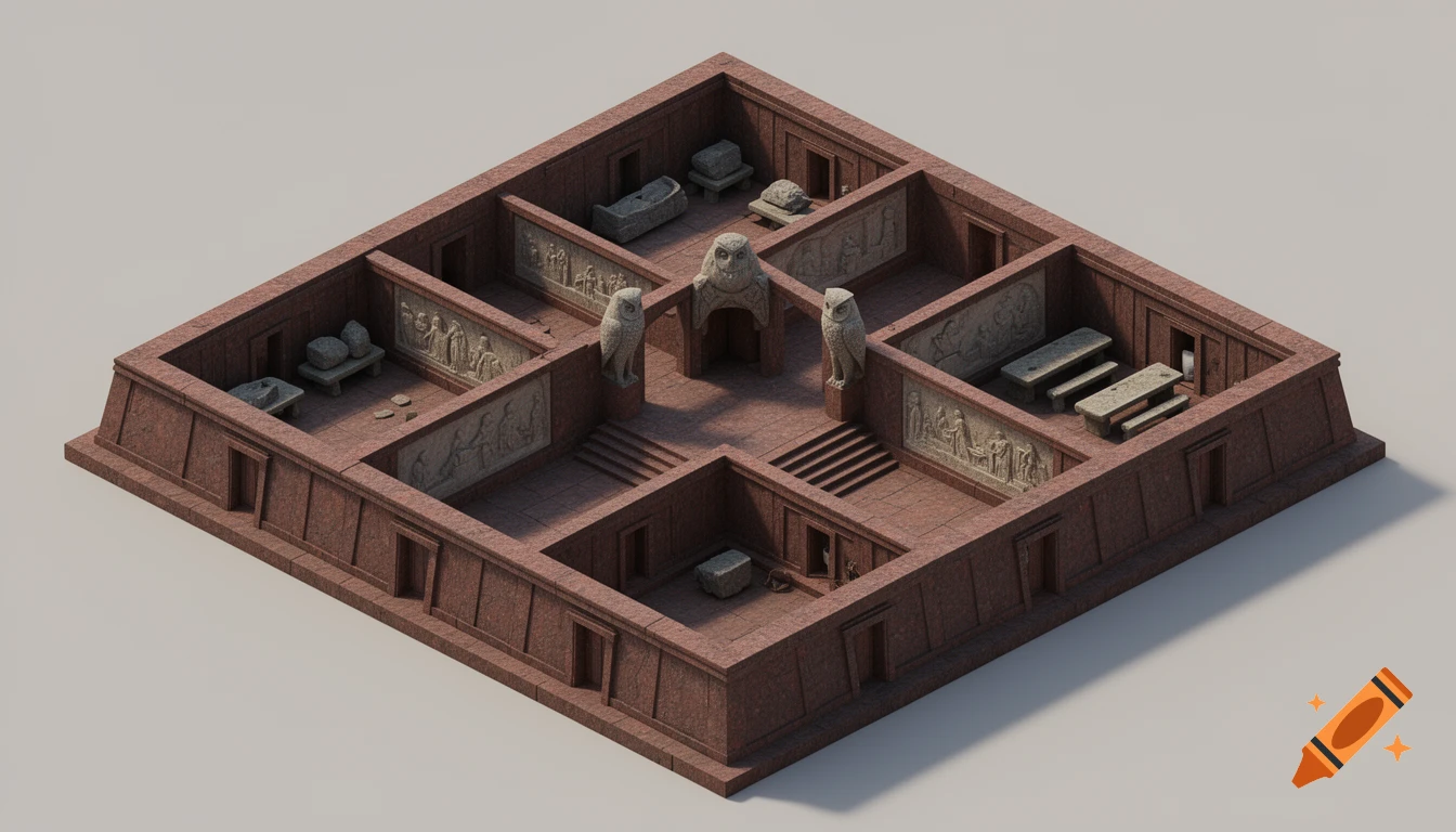 Isometric 3D render of an ancient dark red granite ziggurat interior with a central hall, owl statues, stone reliefs, and rooms.