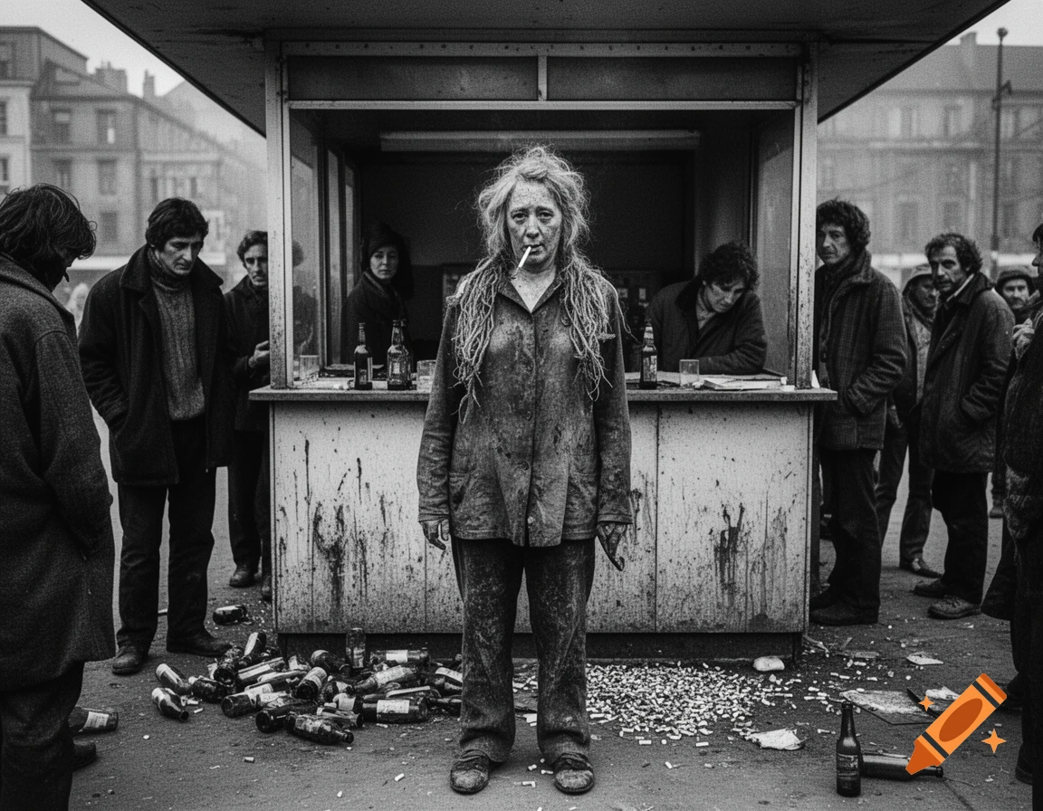 Gritty black and white street photo of unkempt people around a dirty kiosk, with empty bottles and cigarette butts on the ground.