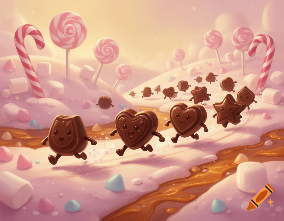 Cute, smiling chocolate hearts, stars, and other shapes run through a whimsical candy land with lollipop trees, marshmallows, and caramel rivers.