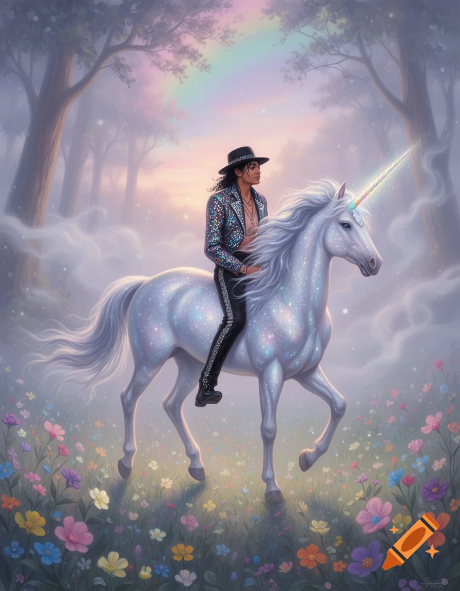 Michael Jackson in a sequined jacket rides a glittery white unicorn through a magical, pastel-colored forest with a rainbow and colorful flowers.
