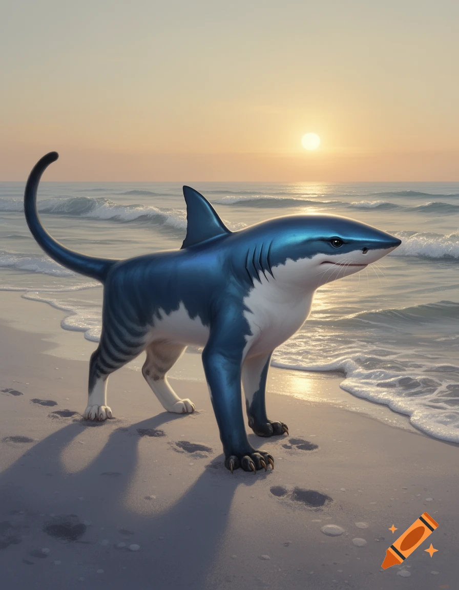 A blue and white hybrid creature, part cat and part shark, walks on a sandy beach at sunset with waves in the background.