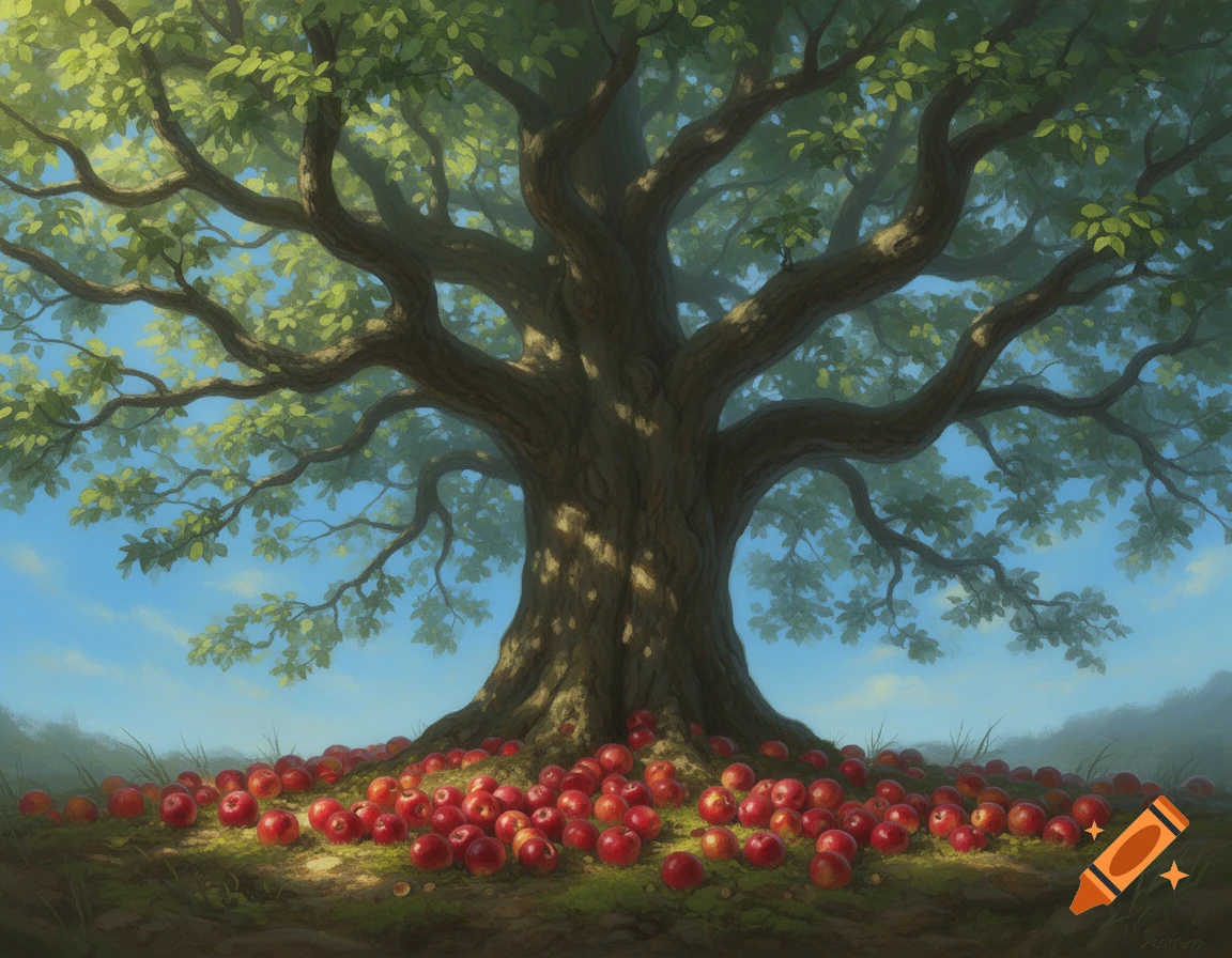 A lush, large green tree with many branches and a thick trunk, stands in a grassy field with hundreds of red apples scattered on the ground.