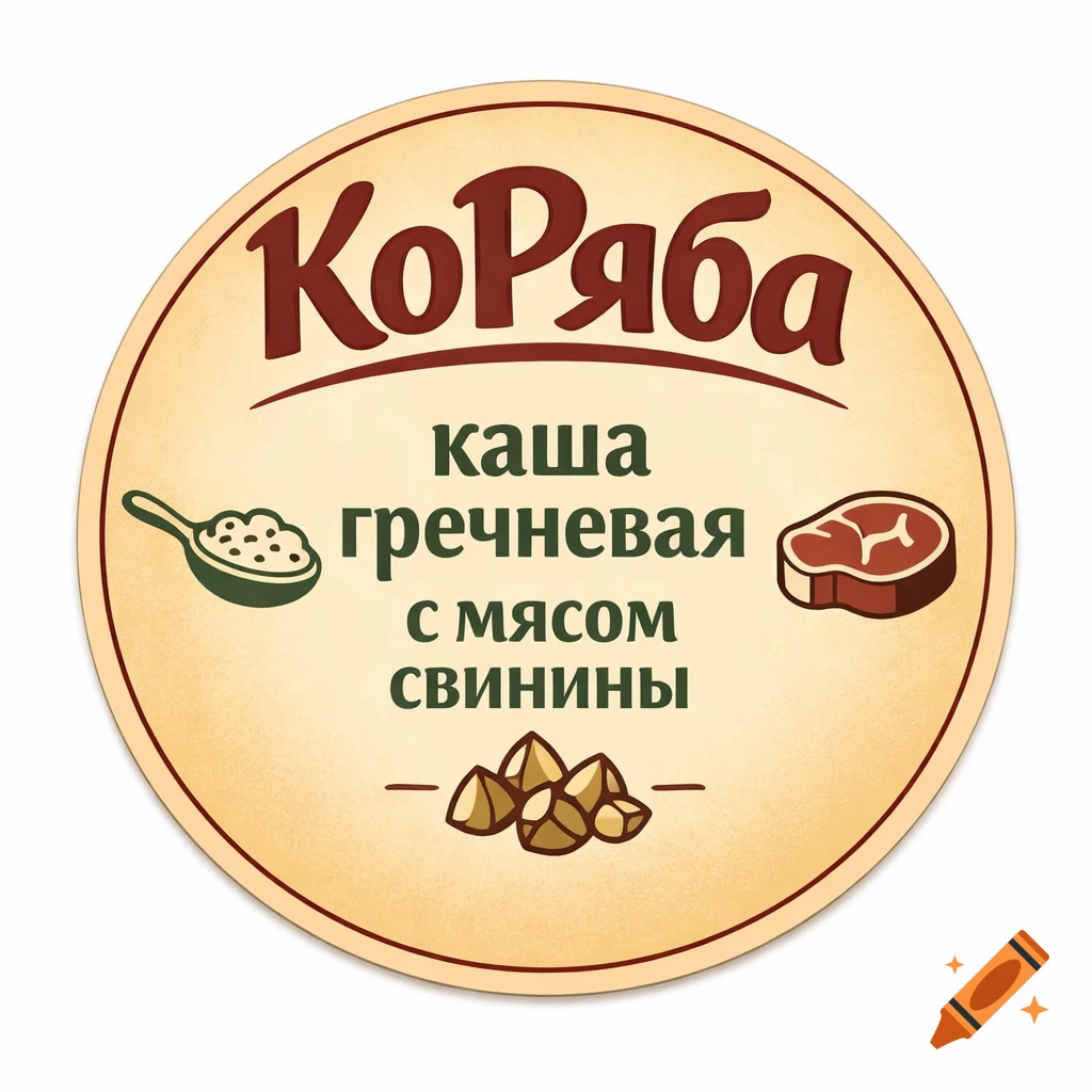 A circular food label with a beige gradient background, featuring the brand name "КоРяба" in brown at the top. Below, the text "каша гречневая с мясом свинины" in dark green is flanked by icons of a spoon with porridge and a cut of meat. Buckwheat grains are at the bottom.