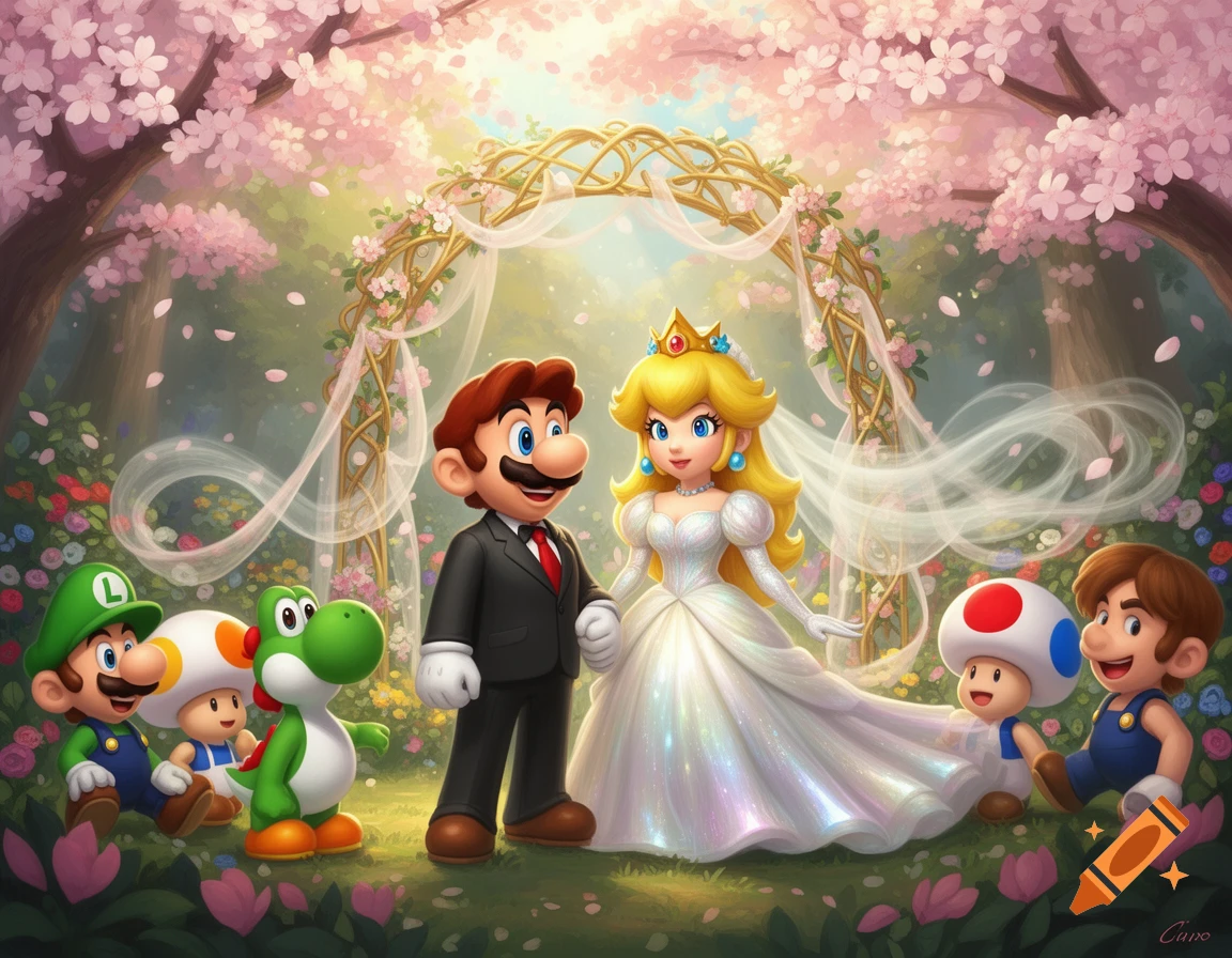 Mario and Princess Peach get married in a cherry blossom garden, surrounded by Luigi, Yoshi, and Toads.