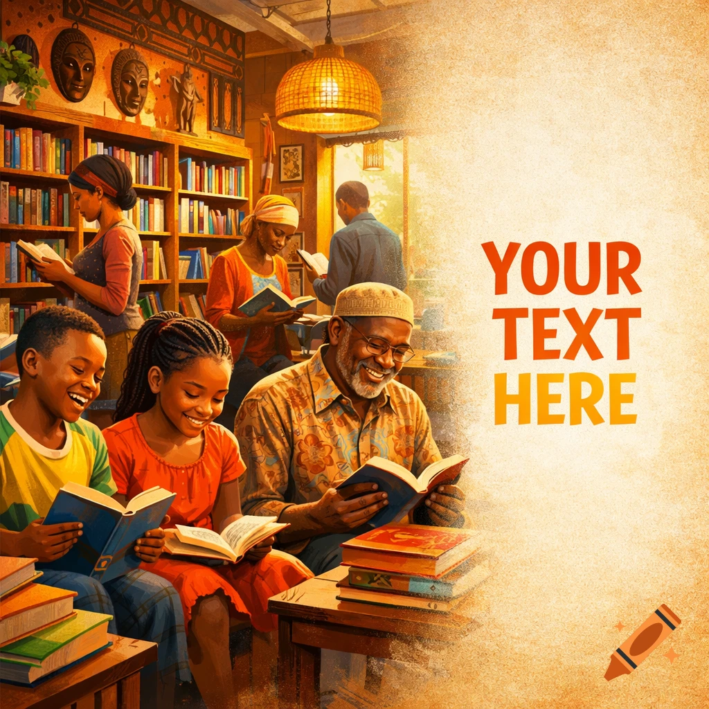 A vibrant illustration of people of all ages reading books in a warm, African-inspired library, with a clear space for promotional text.