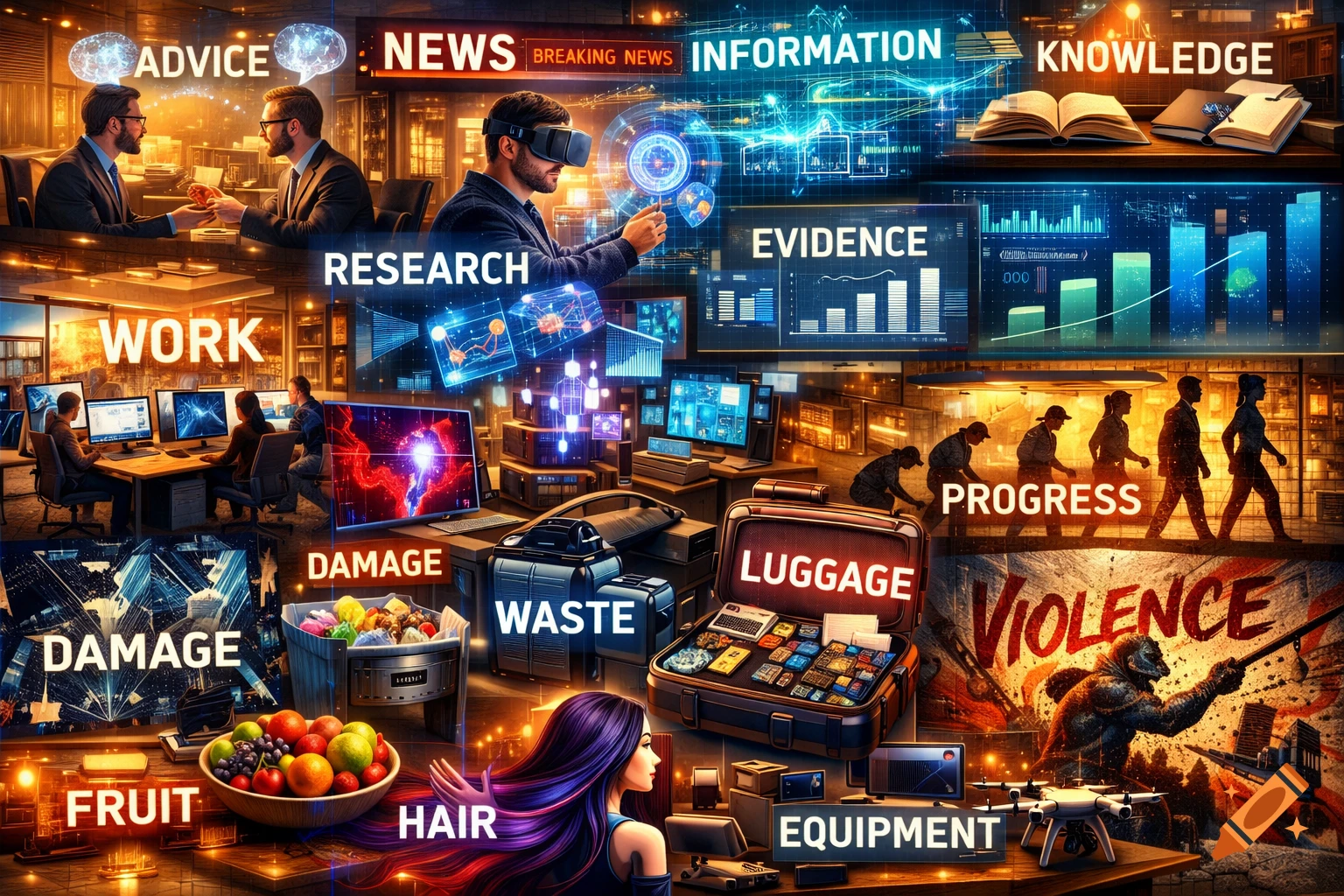 A busy collage illustrating abstract concepts like advice, news, information, knowledge, research, evidence, progress, work, damage, waste, luggage, fruit, hair, equipment, and violence with corresponding scenes and overlaid text.