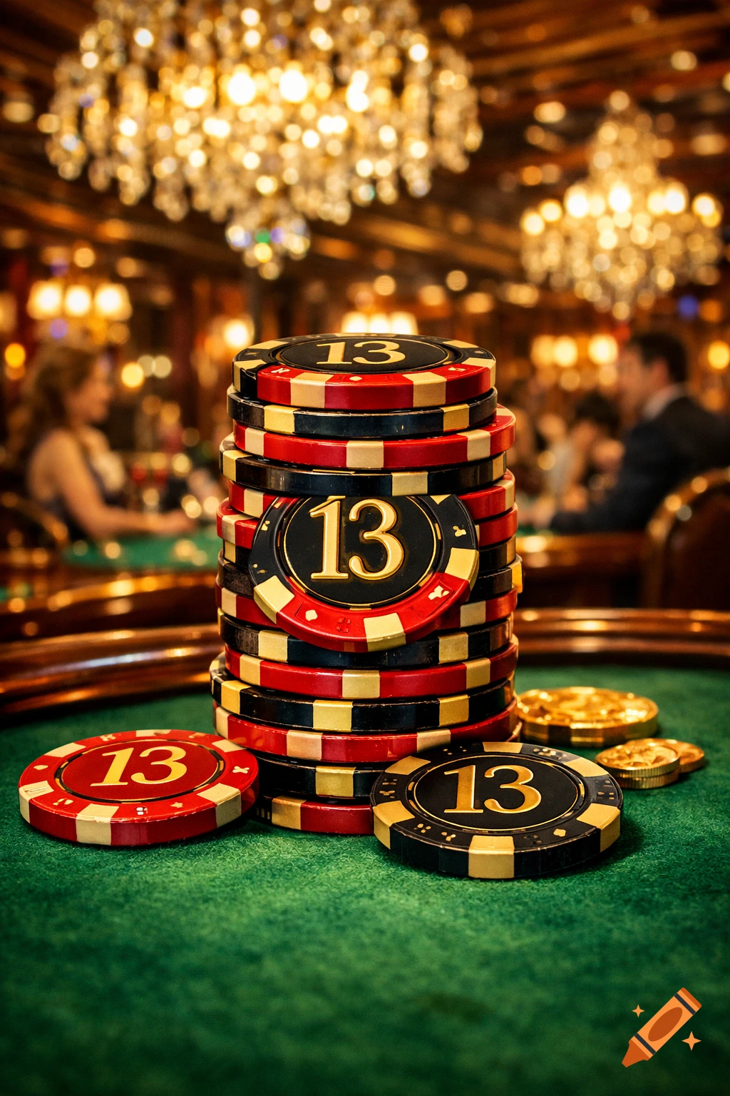 A photorealistic close-up of a stack of casino chips with the number 13 on a green felt table in a casino.