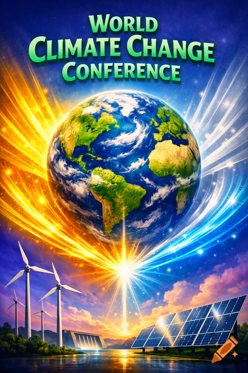 A vibrant poster for the World Climate Change Conference, featuring Earth, radiant light, wind turbines, and solar panels.
