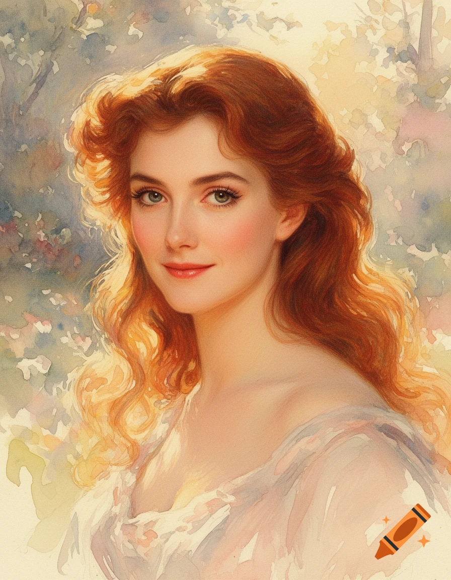 Watercolor portrait of a beautiful young woman with long, wavy red hair smiling softly against a light, floral background.