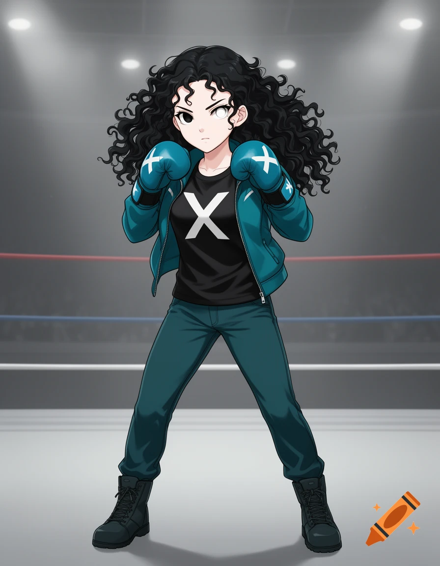 Anime girl with black curly hair, white X shirt, cyan jacket, boxing gloves, and pants in a boxing ring.