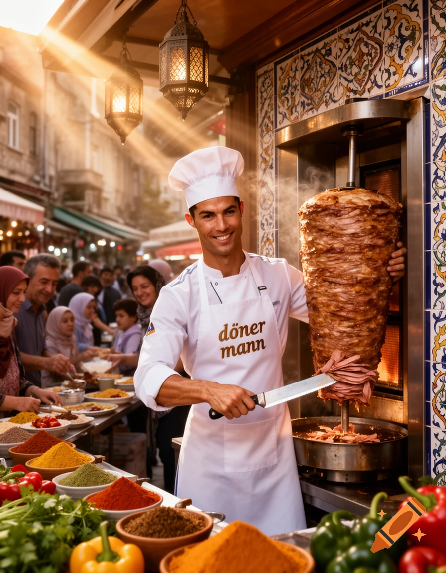 A smiling Cristiano Ronaldo, dressed as a chef, slices döner kebab meat in a vibrant street food market with spices.