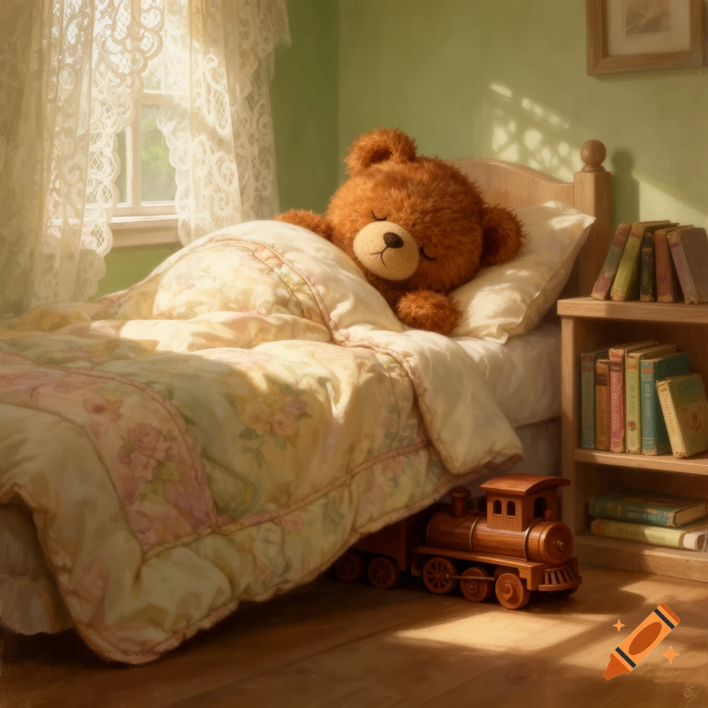 A fluffy brown teddy bear sleeps soundly in a cozy bed with a floral comforter, sunbeams illuminate the room, and a wooden toy train rests on the floor.