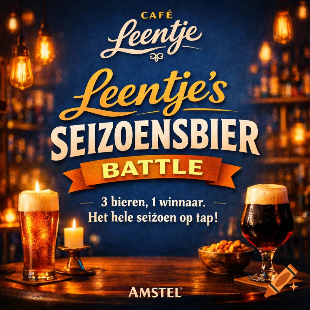 Promotional poster for Caf 00e9 Leentje's 'Seizoensbier Battle' featuring two glasses of beer, a candle, and peanuts on a wooden table, with warm lighting.
