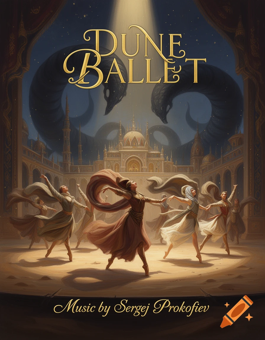 A dramatic painted poster for "Dune Ballet" with dancers on a sandy stage before a palace and giant sand worms under a spotlight.