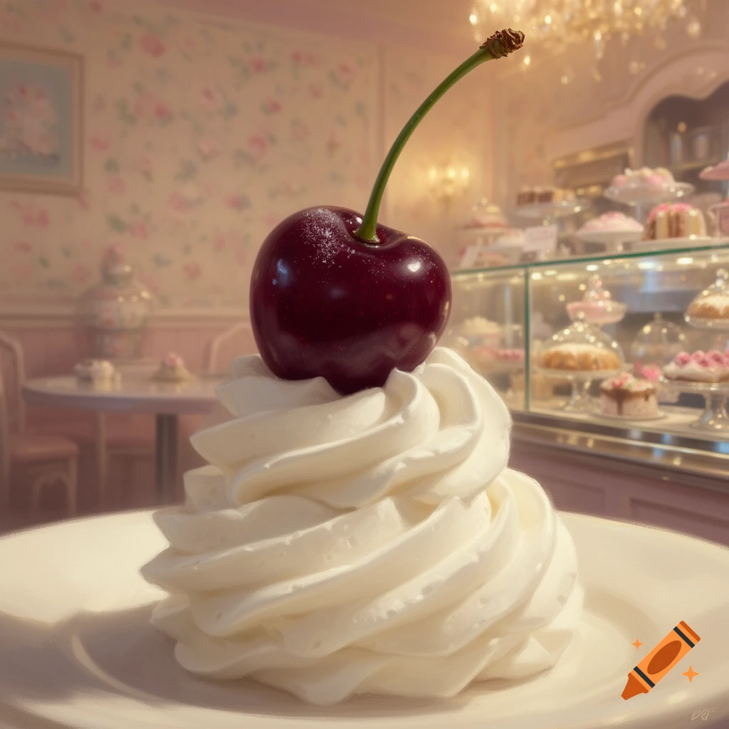 A single red cherry with a green stem sits atop a swirl of white whipped cream on a white plate, set against a soft-focus bakery background with display cases of pastries.