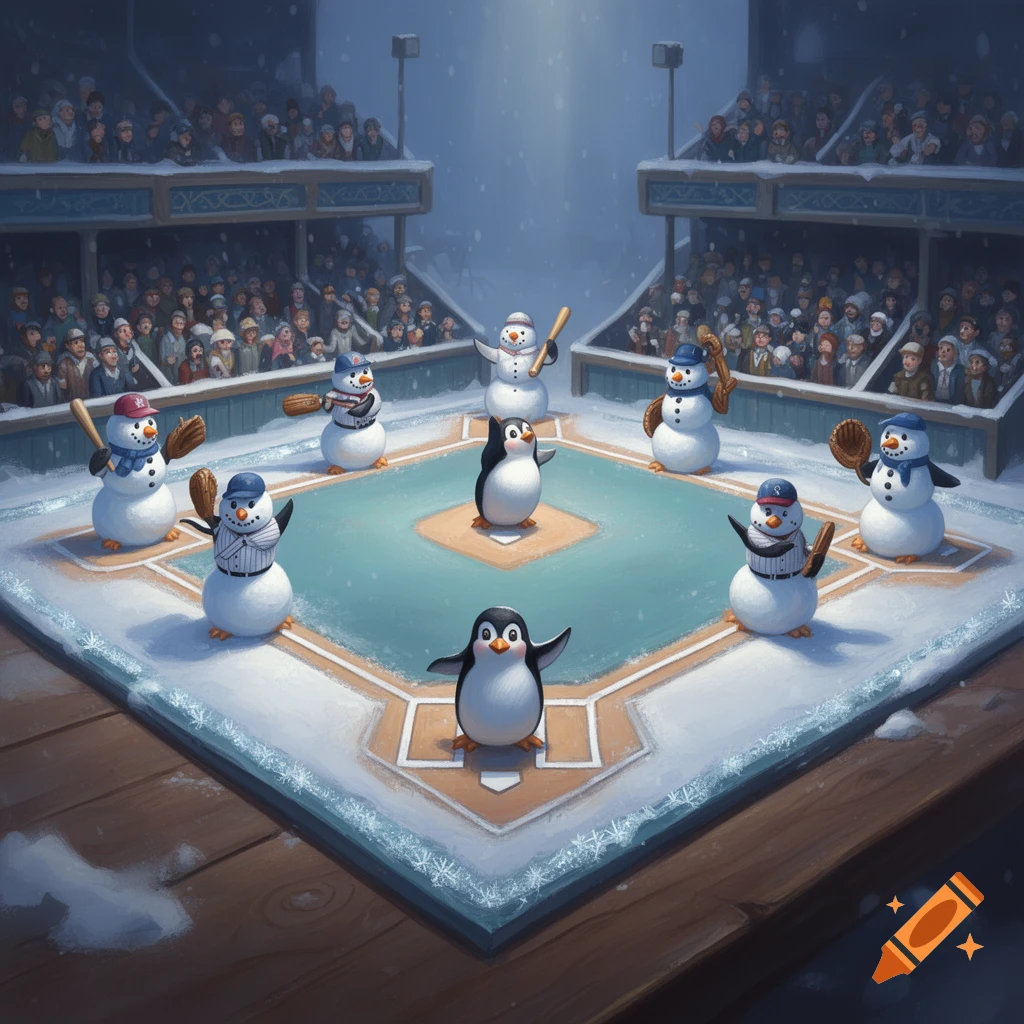 Whimsical 3D image of snowmen and penguins playing baseball in a snow-covered stadium with spectators.