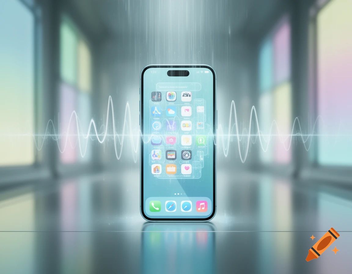 A light blue futuristic smartphone with app icons and a waveform stands in a sleek, brightly lit room.
