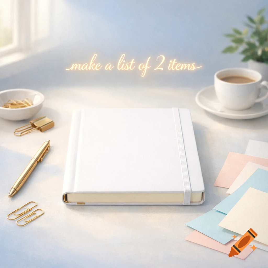A clean desk with a white notebook, gold pen, coffee, and sticky notes. Glowing text 'make a list of 2 items' is in the air.