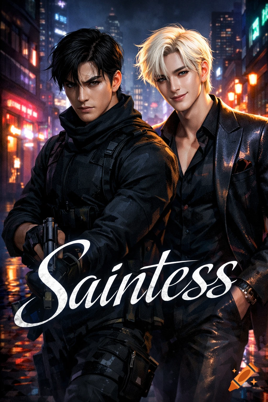 Two men, one in black tactical gear holding a gun and another in a suit, stand on a rainy night city street with neon lights. Title 'Saintess'.