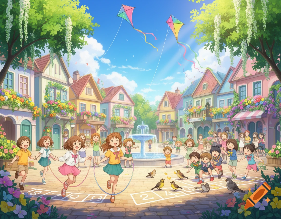 Happy children play hopscotch, jump rope, and fly kites in a vibrant anime town square with colorful buildings.