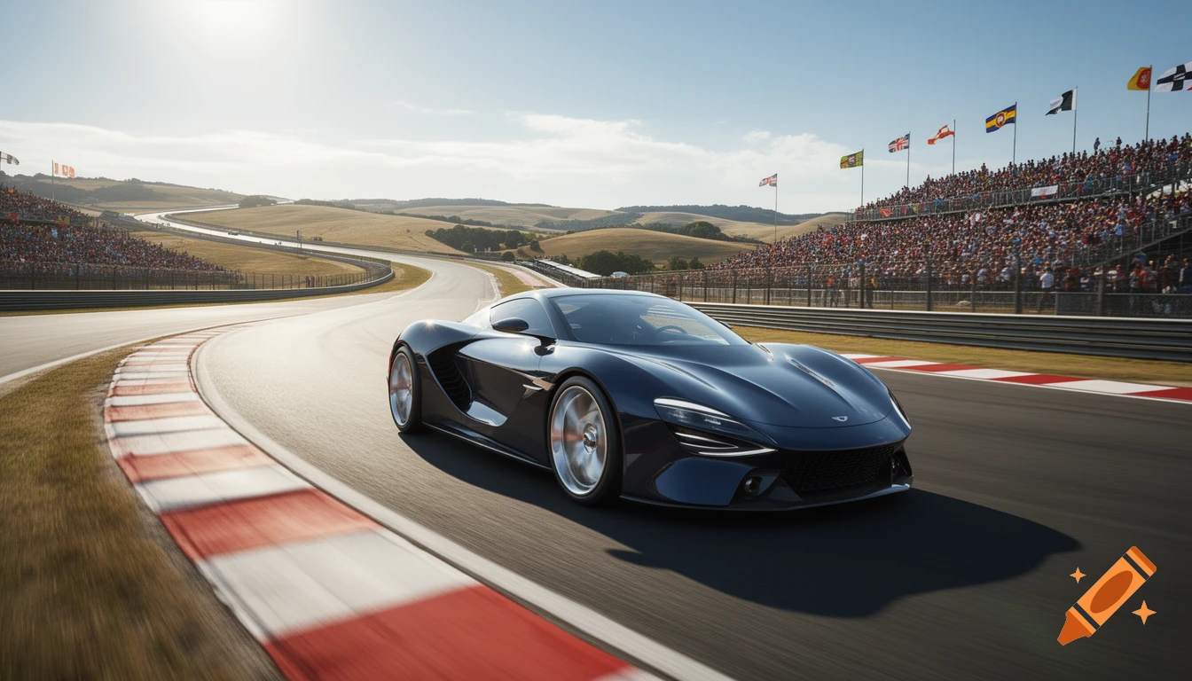 A dark blue sports car speeding on a race track, with a large crowd in the stands and rolling hills in the background under a sunny sky.