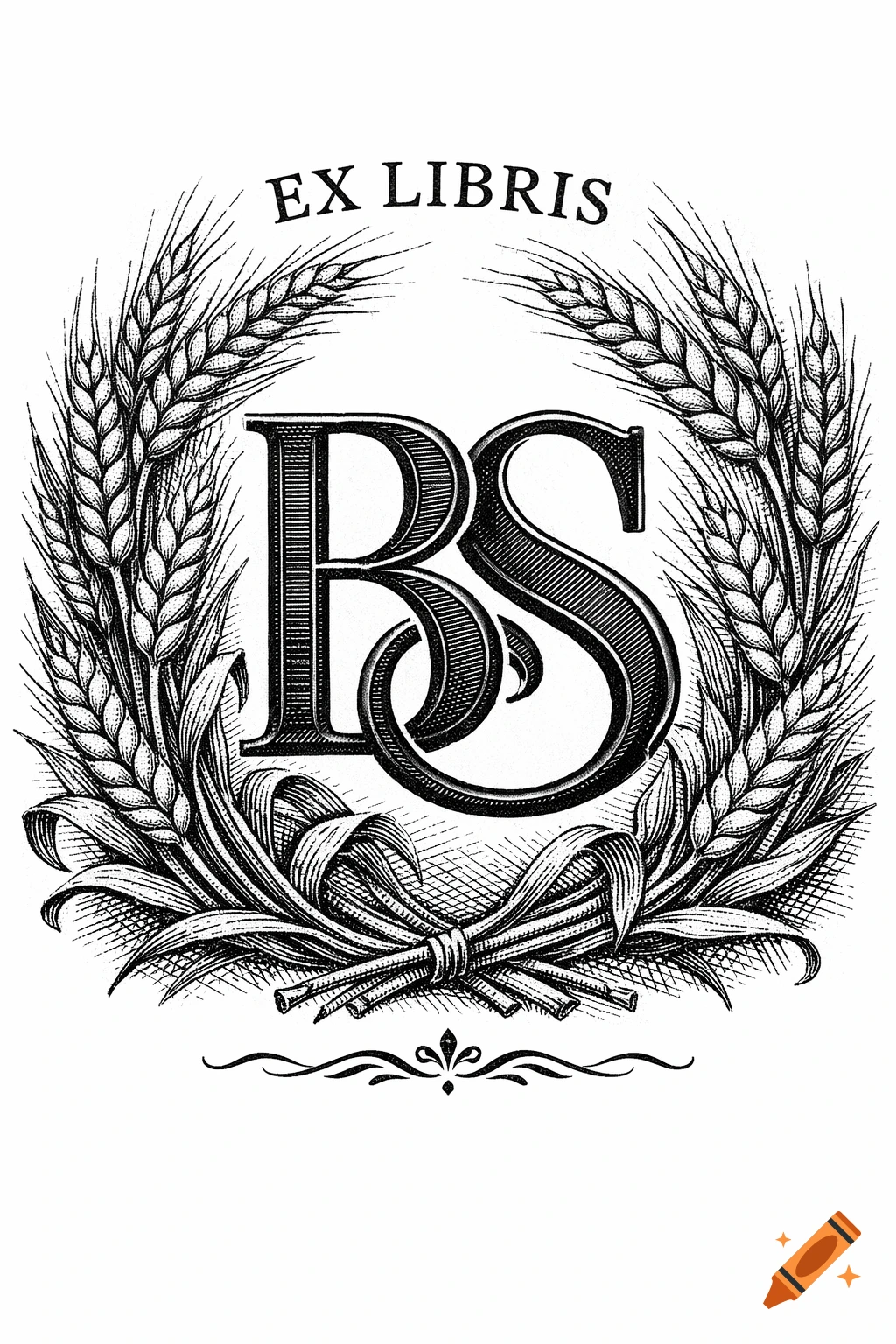 Black and white illustration of an Ex Libris design with the letters 'BS' surrounded by a wreath of wheat stalks and leaves.