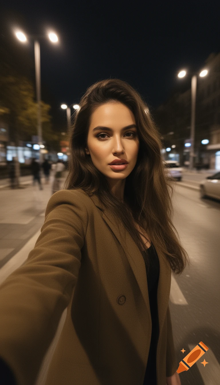 Photorealistic selfie of a woman with long hair in a brown jacket on a city street at night, lit by streetlights.