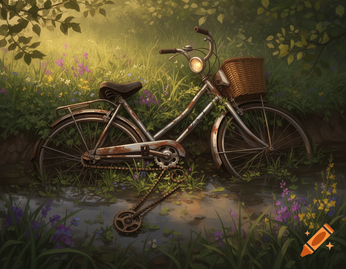 A rustic, dented bicycle with a wicker basket and a glowing headlight lies in a shallow ditch with a detached chain, surrounded by wildflowers and lush green foliage in a painterly style.
