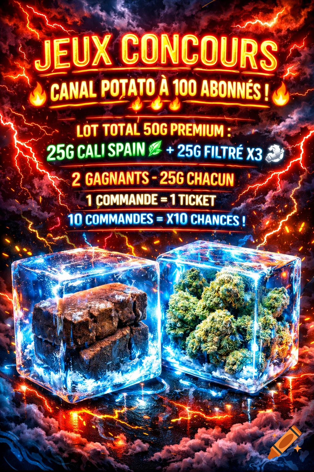 An explosive promotional poster with neon text for a contest, featuring glowing ice cubes containing cannabis buds and hash against a stormy, lightning-filled sky.