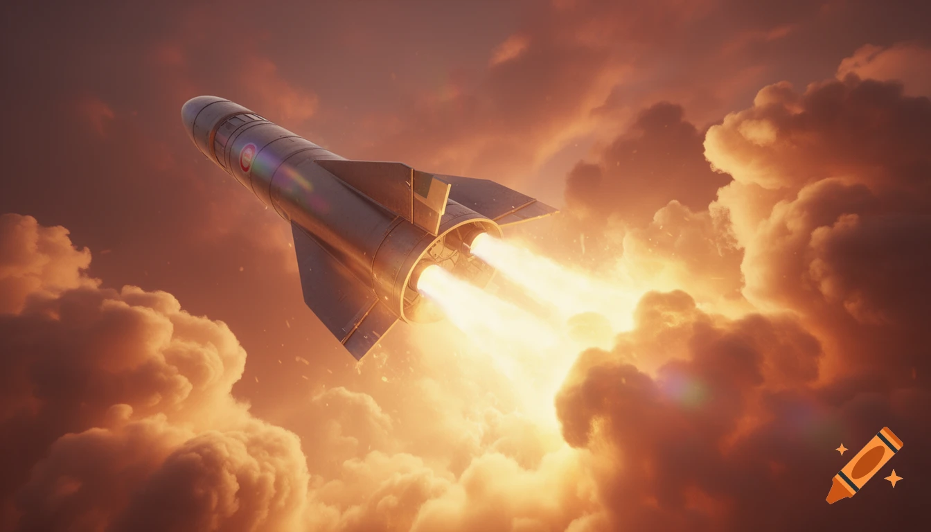 A metallic rocket blasts off into a vibrant orange and red sky, leaving a trail of fiery exhaust and smoke.