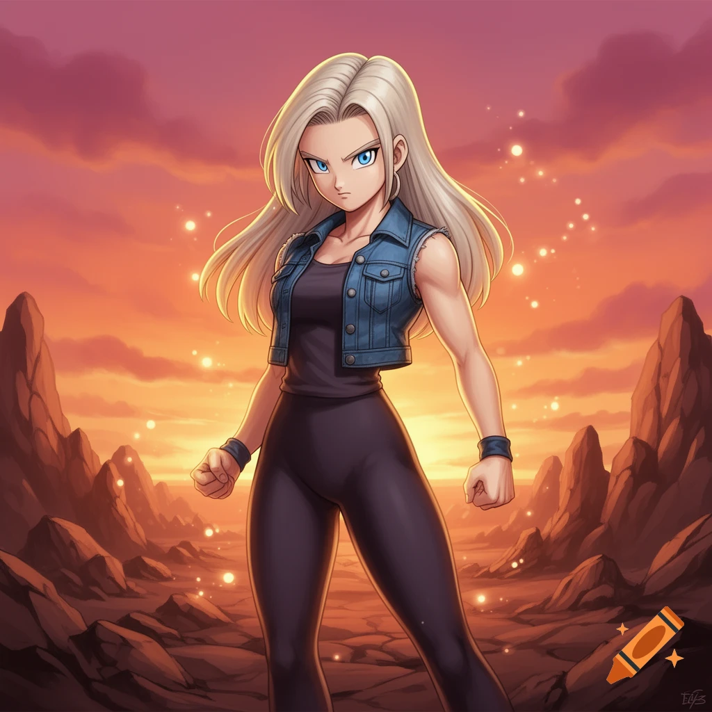 An anime woman with long blonde hair and blue eyes, wearing a denim vest and dark clothing, stands in a rocky landscape under an orange and purple sky.