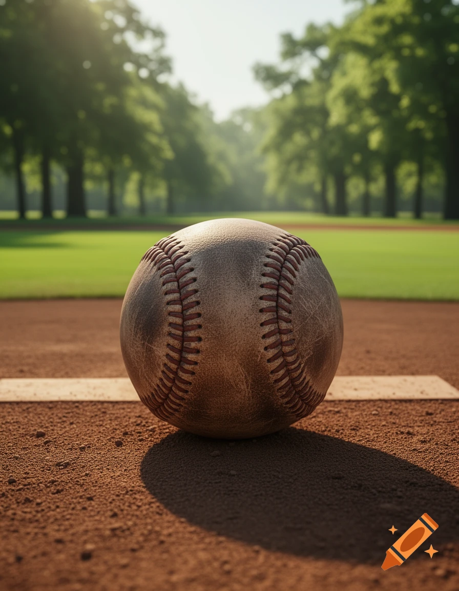 A close-up, low-angle photorealistic shot of a worn baseball on a dirt field with a white line, green outfield, and trees in the sunny background.