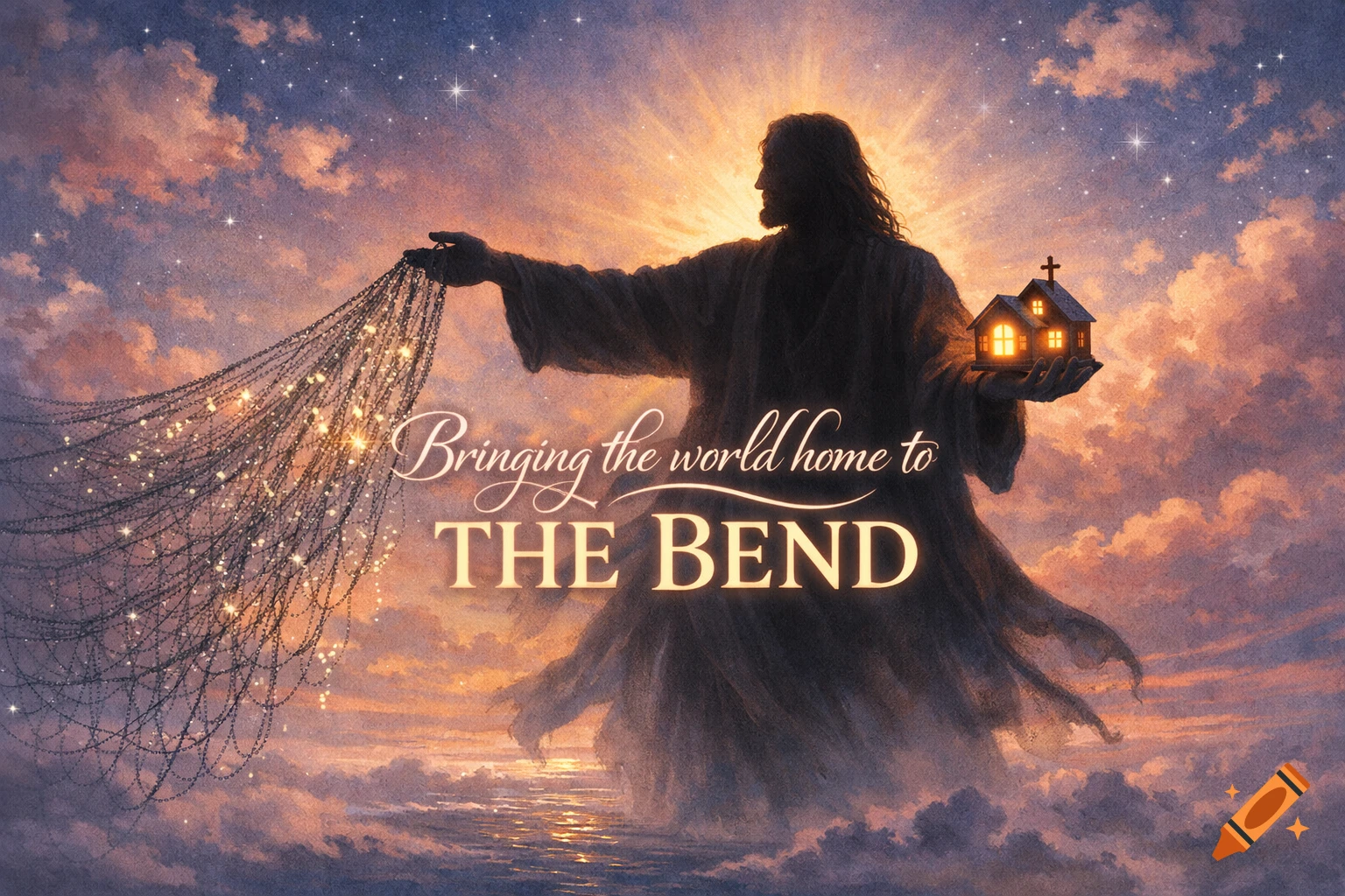 Silhouette of Jesus Christ holding a sparkling fishing net and a glowing church against a dramatic, starry sunset sky with text.