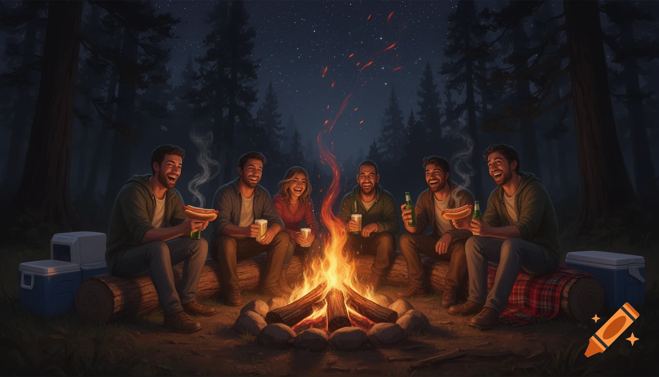 Six friends gather around a crackling campfire at night in a forest, laughing and enjoying hot dogs and drinks.