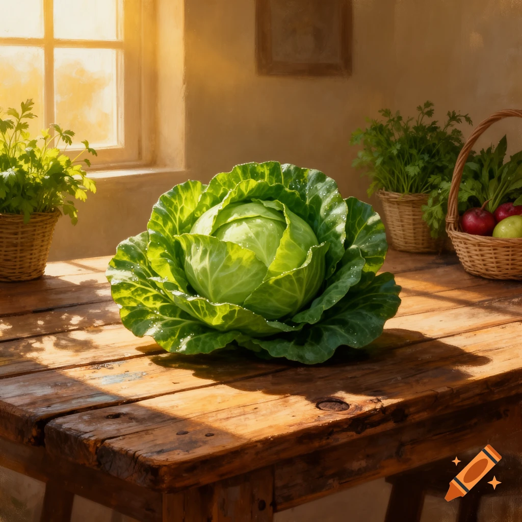 A large, fresh green cabbage with water droplets sits on a rustic wooden table, bathed in sunlight from a window.