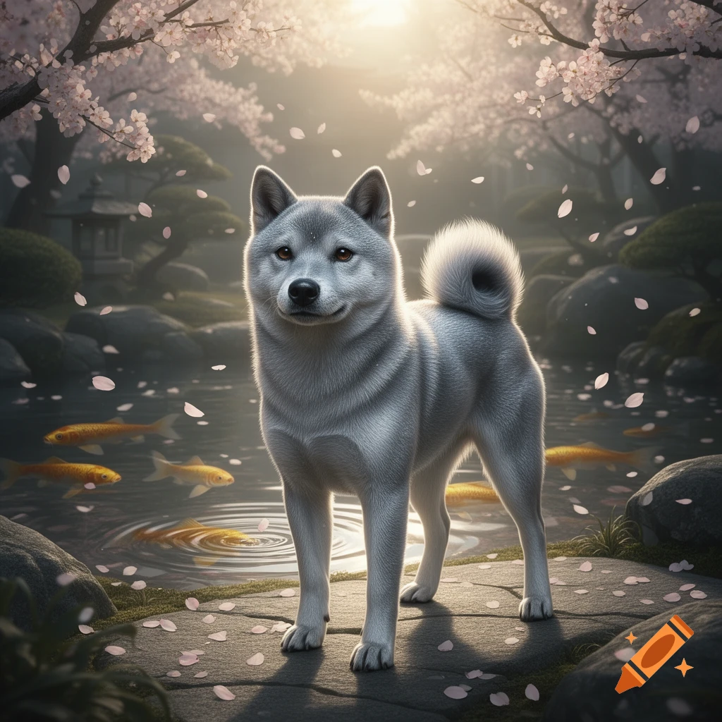 A silver Shiba Inu stands on stone steps in a serene Japanese garden with cherry blossoms and koi fish in a pond.