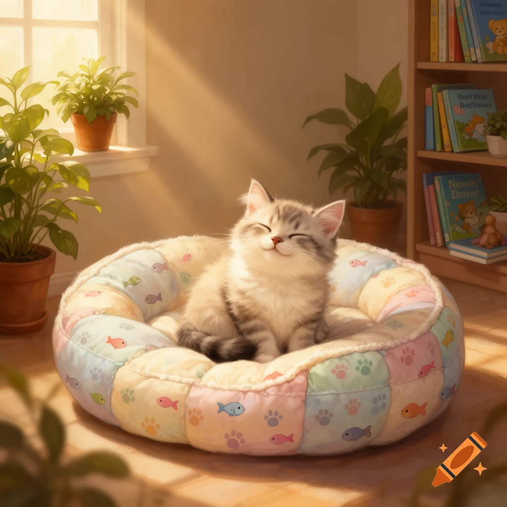 A fluffy grey and white kitten with closed eyes smiles contentedly in a colorful pet bed, bathed in sunlight.