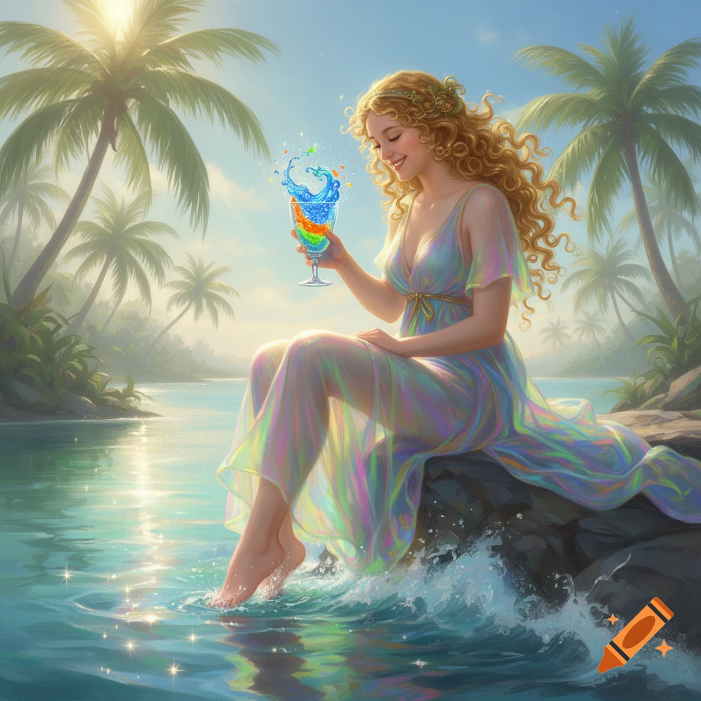 A woman in a flowing rainbow dress sits on a rock by tropical water, dipping her feet and holding a colorful, splashing drink.