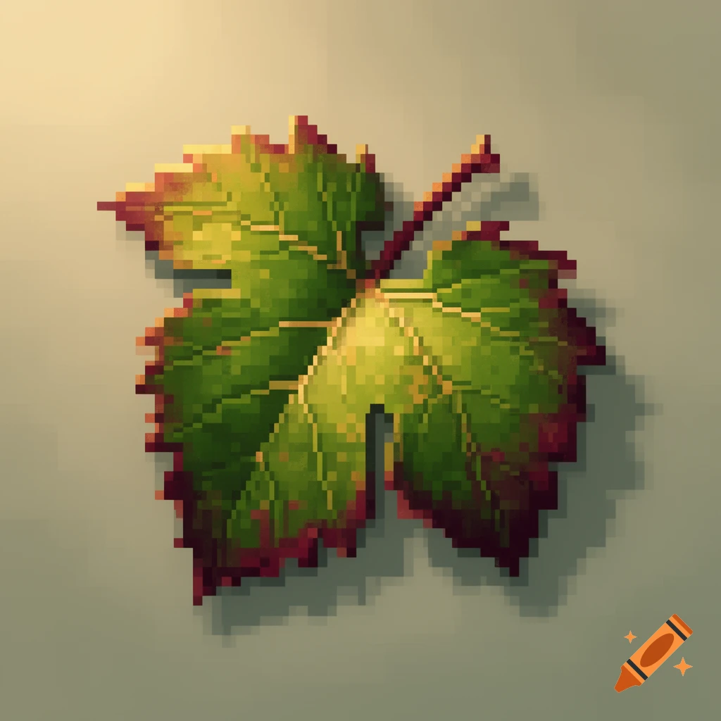 A vibrant green and red pixel art grape leaf with a brown stem, casting a shadow on a light background.