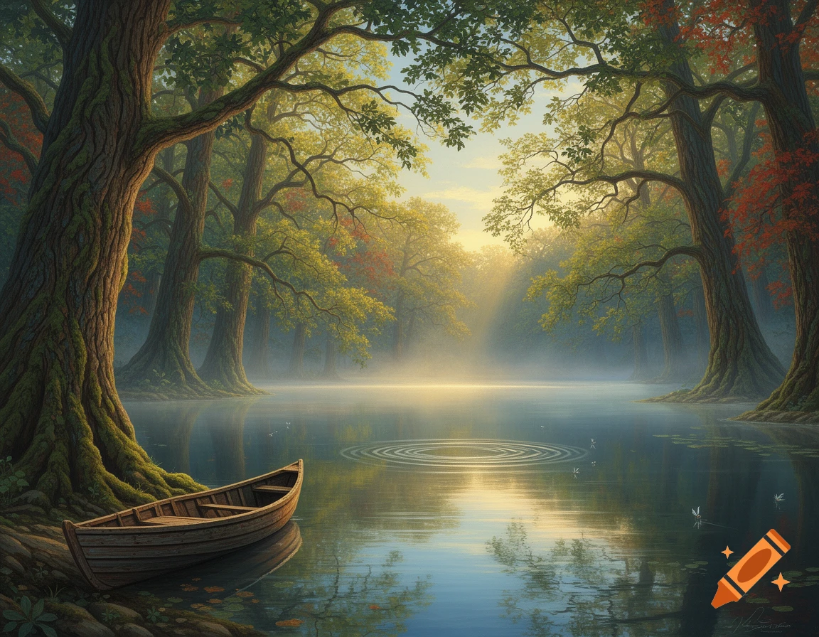 A wooden boat rests on the shore of a misty lake surrounded by a lush ...